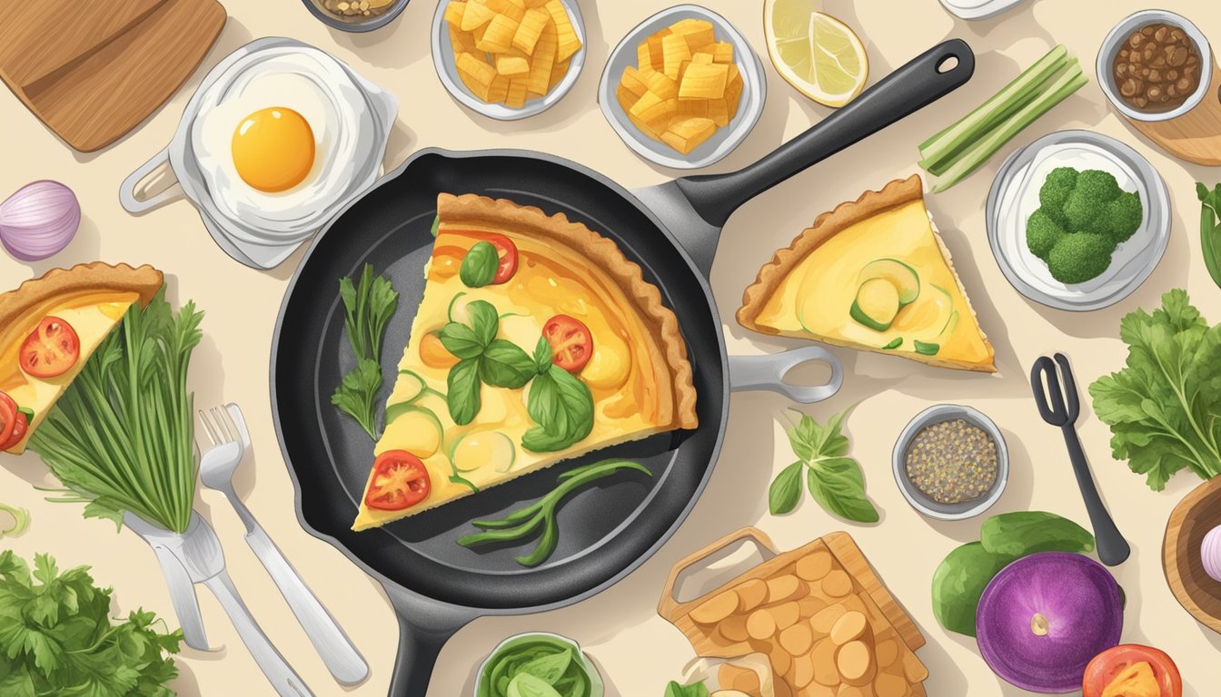 A chef using a stovetop skillet to cook a quiche, surrounded by various ingredients and utensils