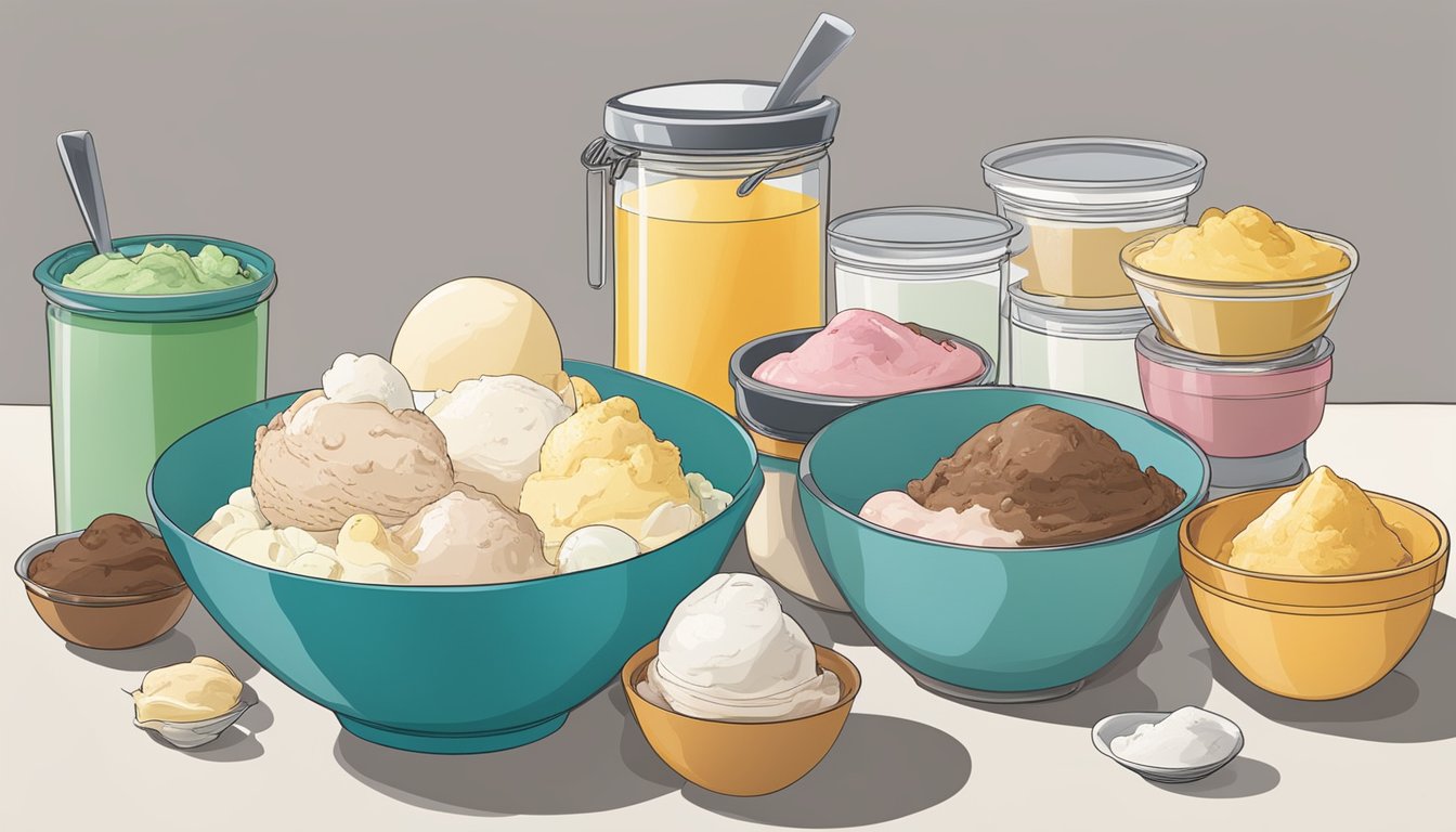 Various ingredients and mixing bowls arranged on a kitchen counter, with an open recipe book showing different no-churn ice cream flavors