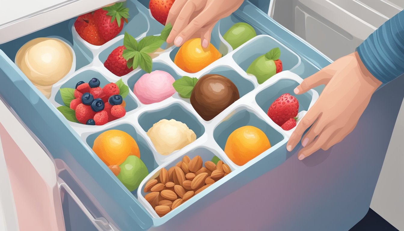 A hand reaching into a freezer, pulling out a container of homemade ice cream surrounded by fresh fruit and nuts