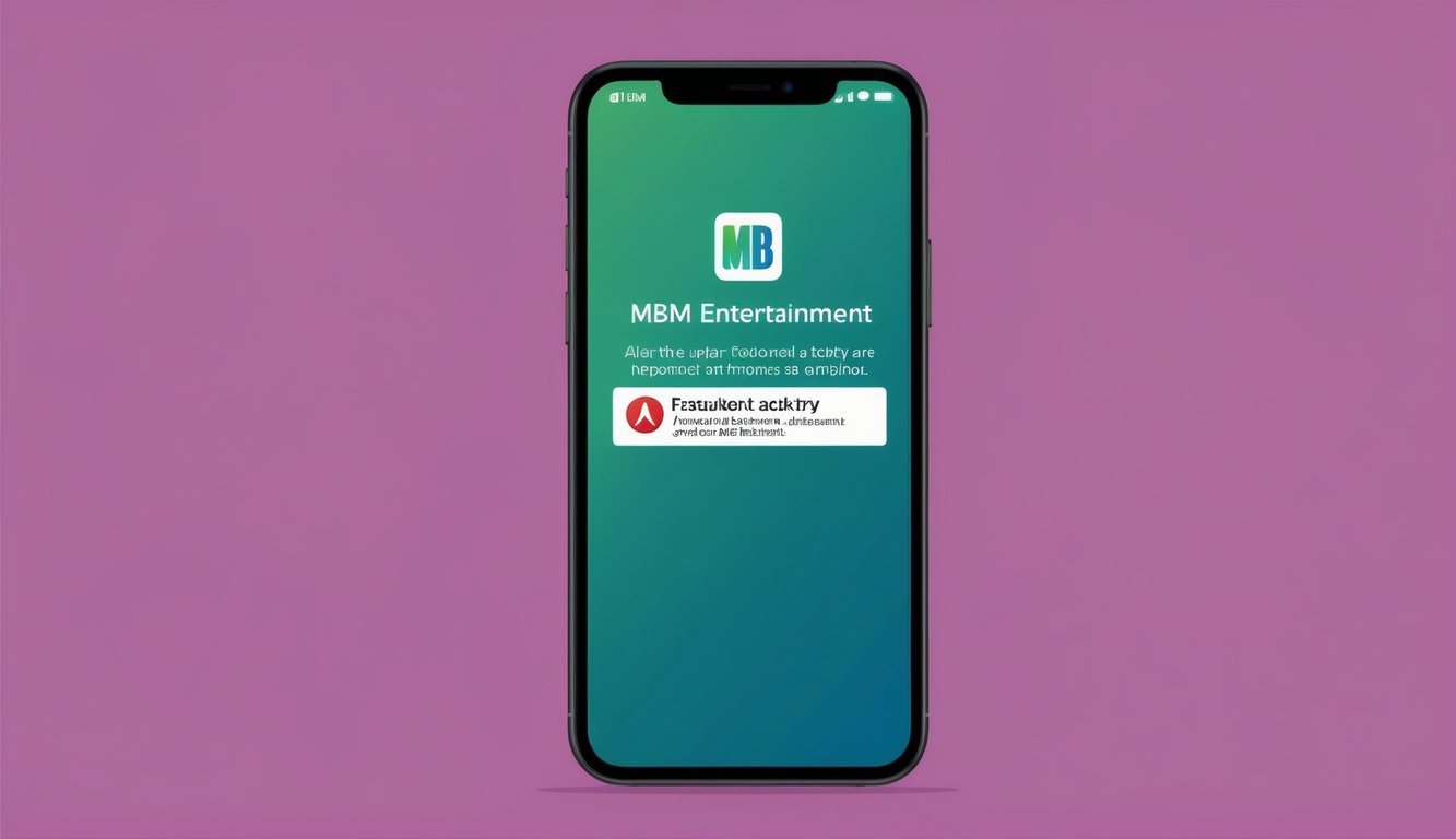 一部智能手機顯示著MBM娛樂應用程序，並顯示詐騙活動警報