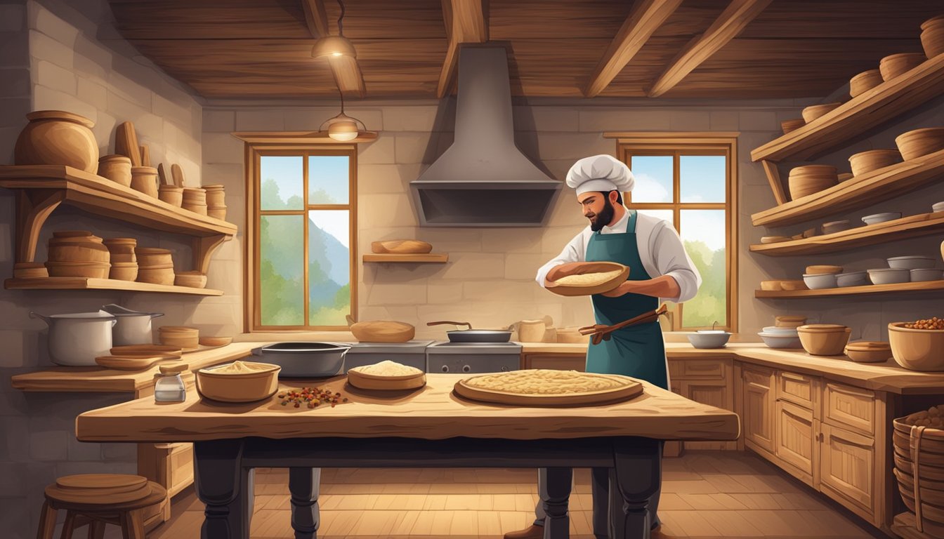 A rustic kitchen with a wood-burning oven, shelves of flour and spices, and a baker shaping dough for flatbreads on a wooden table