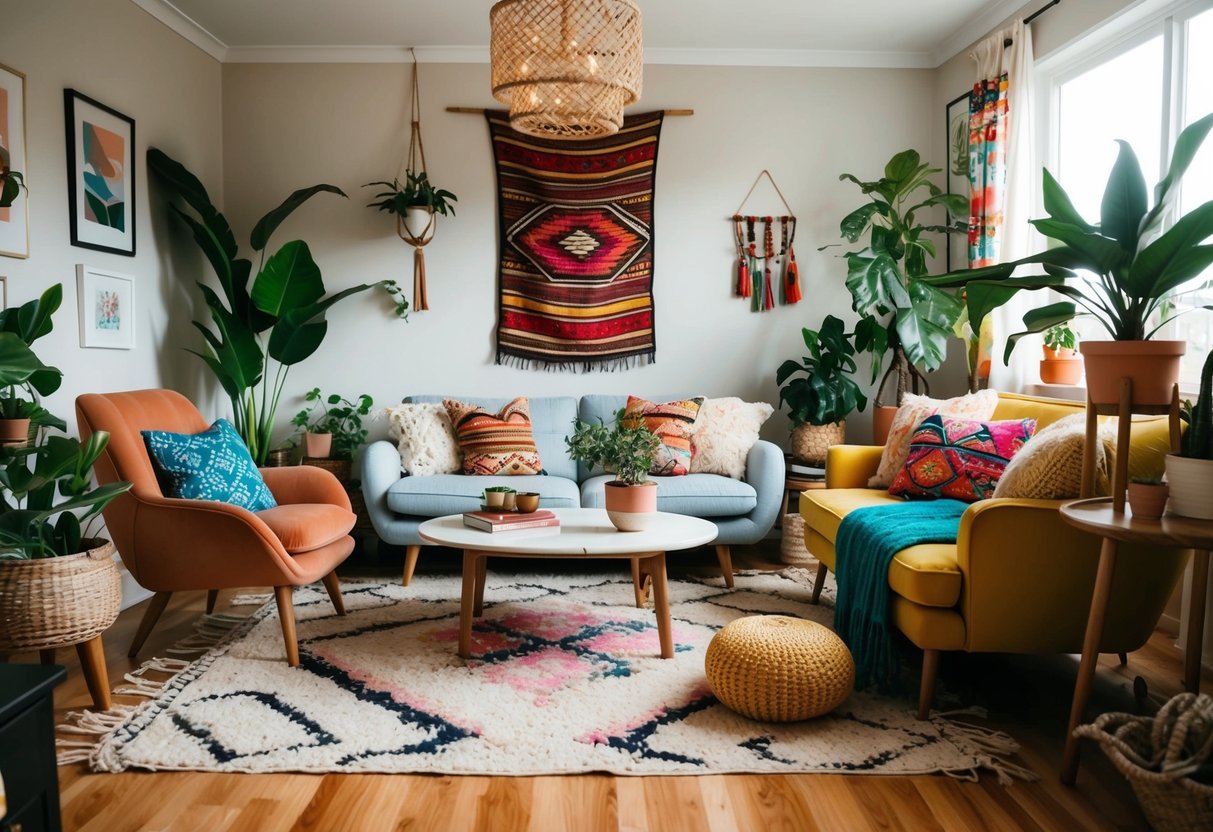 Ein gemütliches, bohemian Wohnzimmer mit eklektischen Möbeln, Pflanzen und bunten Textilien