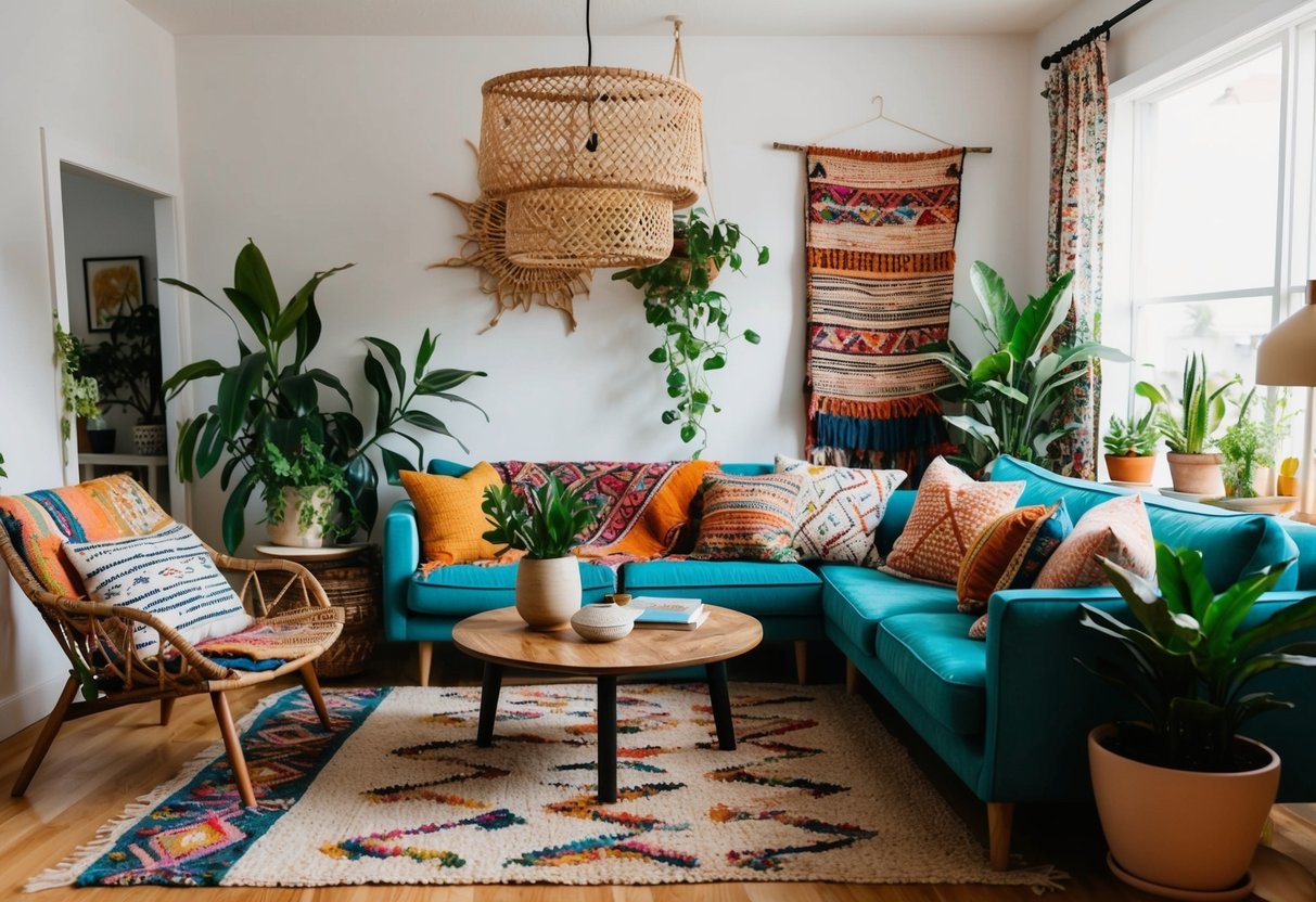 Ein gemütliches, bohemian Wohnzimmer mit eklektischen Möbeln, Pflanzen und bunten Textilien. Eine Mischung aus Mustern und Texturen schafft eine entspannte und einladende Atmosphäre.