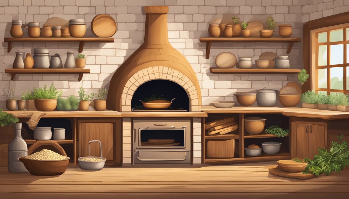 A rustic kitchen with a wood-fired oven, shelves of flour, herbs, and spices, a rolling pin, and a wooden board for crafting flatbreads