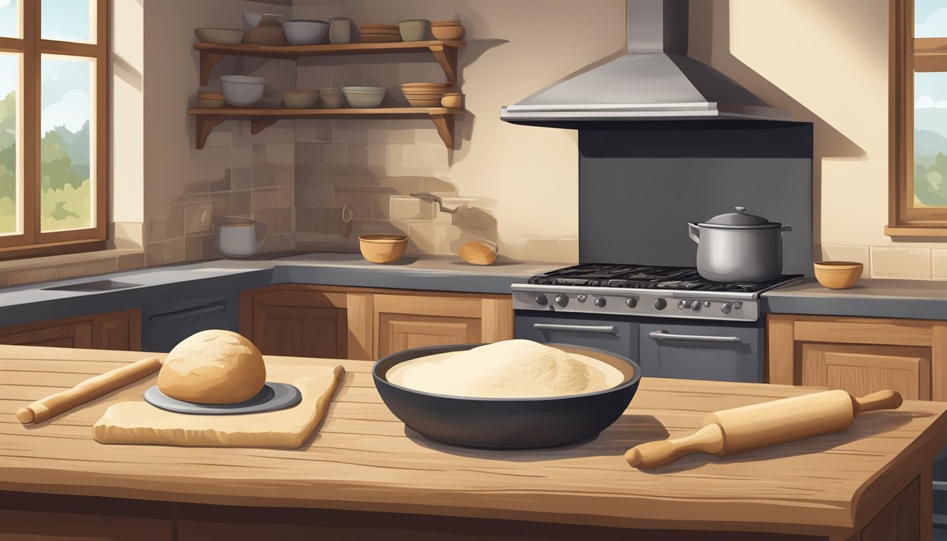 A rustic kitchen with a wood-fired oven, a rolling pin, and a bowl of dough on a floured countertop