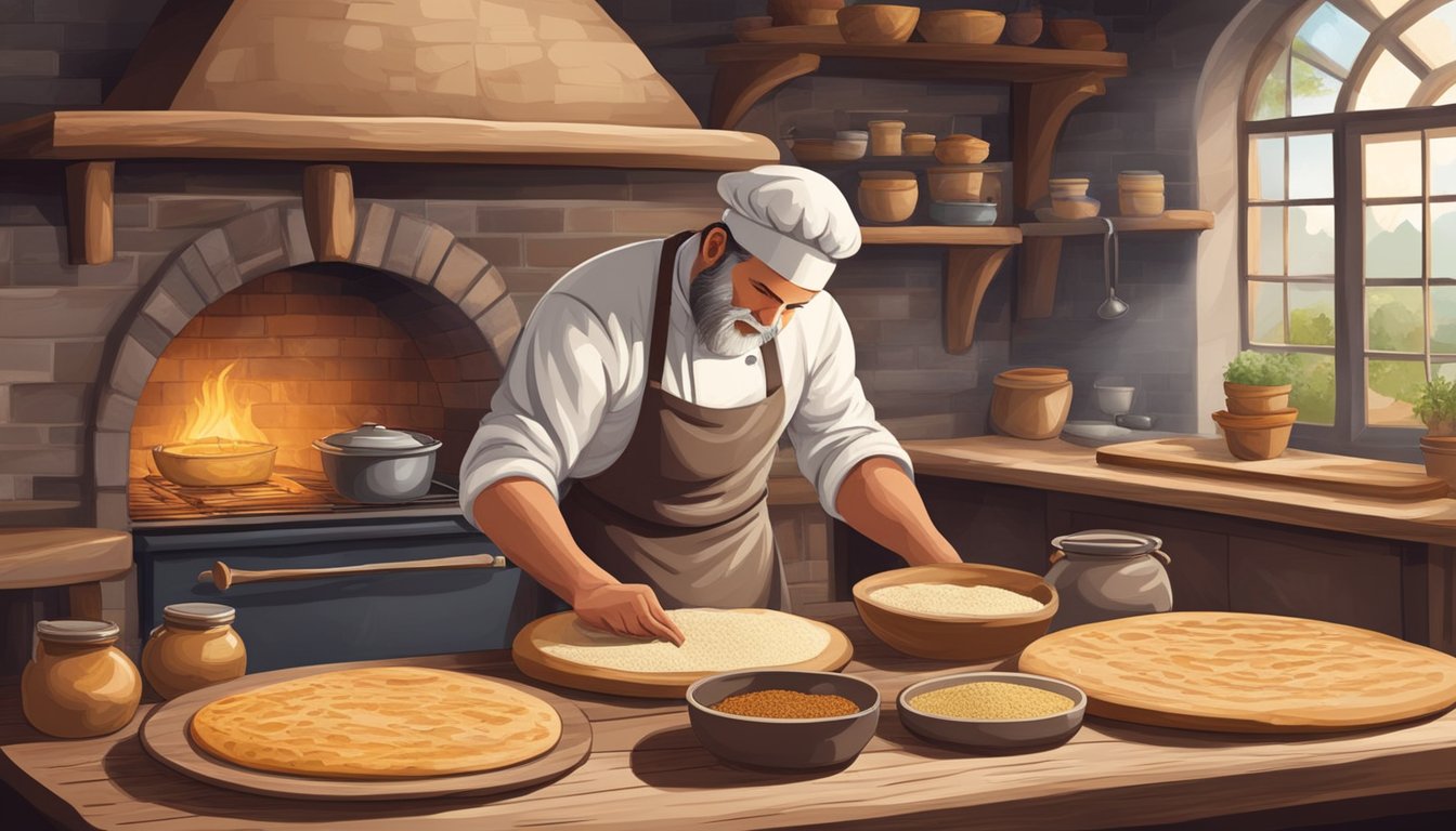 A rustic kitchen with a wood-fired oven, shelves of flour and spices, and a chef skillfully shaping and baking flatbreads