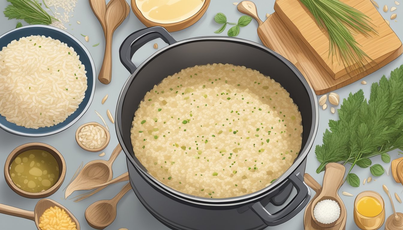 A pot bubbling with arborio rice, broth, and creamy risotto, surrounded by alternative cooking tools and ingredients for substitutions