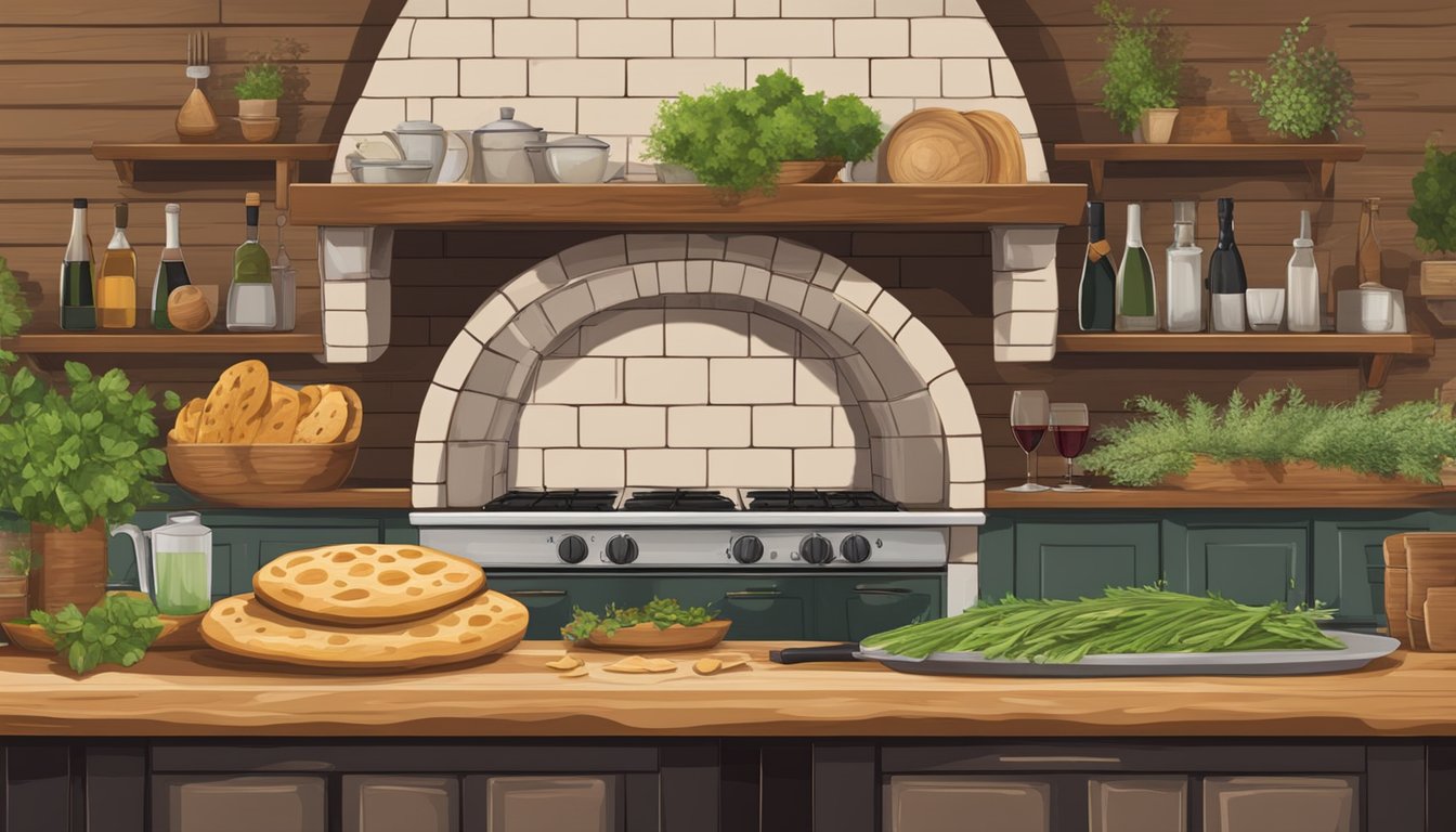 A rustic kitchen with a stone oven, shelves of fresh herbs, and a wooden table set with various flatbreads and wine glasses