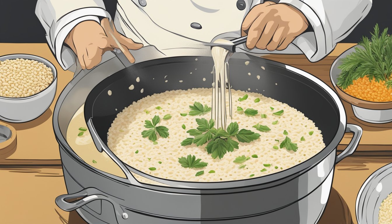 A chef pours broth into a large pot of Arborio rice and additional ingredients, stirring as the creamy risotto cooks without a traditional pan