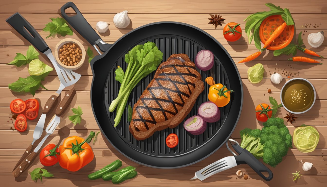 Fresh vegetables and marinated meats arranged on a wooden cutting board, surrounded by grilling utensils and spices. A grill pan sizzling on a stovetop