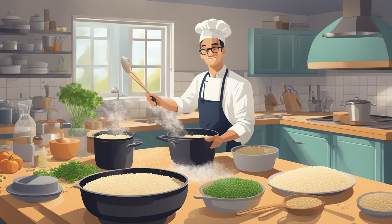 A chef stirring risotto in a large pot, steam rising, surrounded by scattered ingredients and utensils on a cluttered kitchen counter