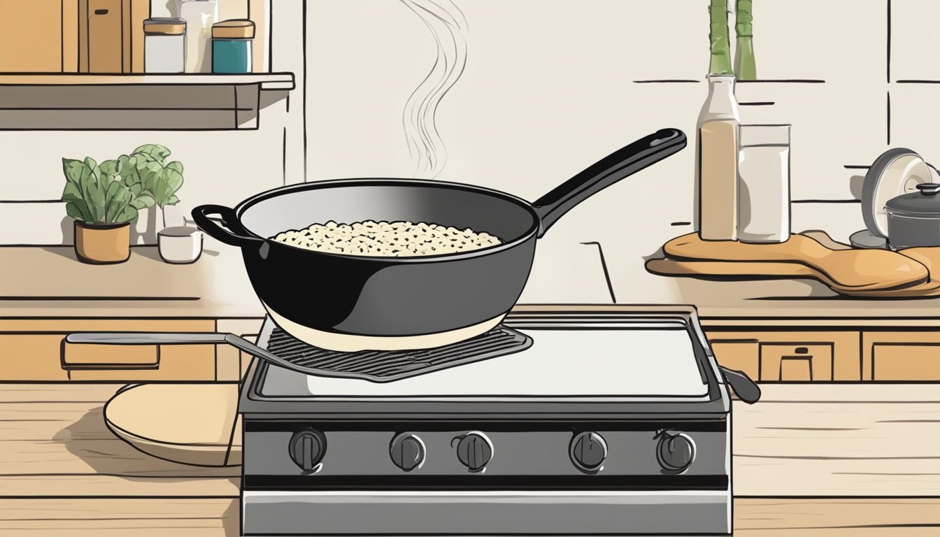 A large pot sizzling on a stovetop, filled with arborio rice being stirred with a wooden spoon, as creamy risotto is being prepared without a traditional pan