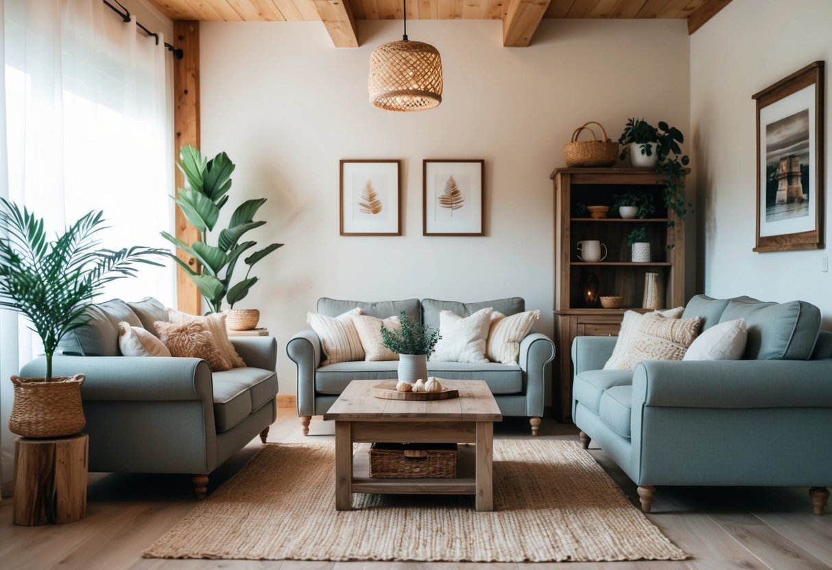 Ein gemütliches Wohnzimmer mit rustikalen Möbeln, sanfter Beleuchtung und natürlichen Elementen wie Holz und Pflanzen.