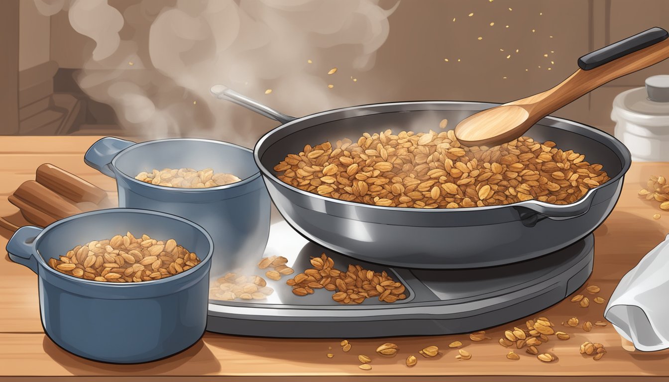 Granola sizzling in a skillet, steam rising, with a wooden spoon stirring the mixture. A glass jar sits nearby, ready to store the finished crunchy granola