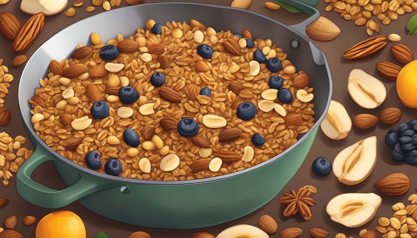 Golden granola sizzling in a hot skillet, surrounded by a variety of nuts, seeds, and dried fruits