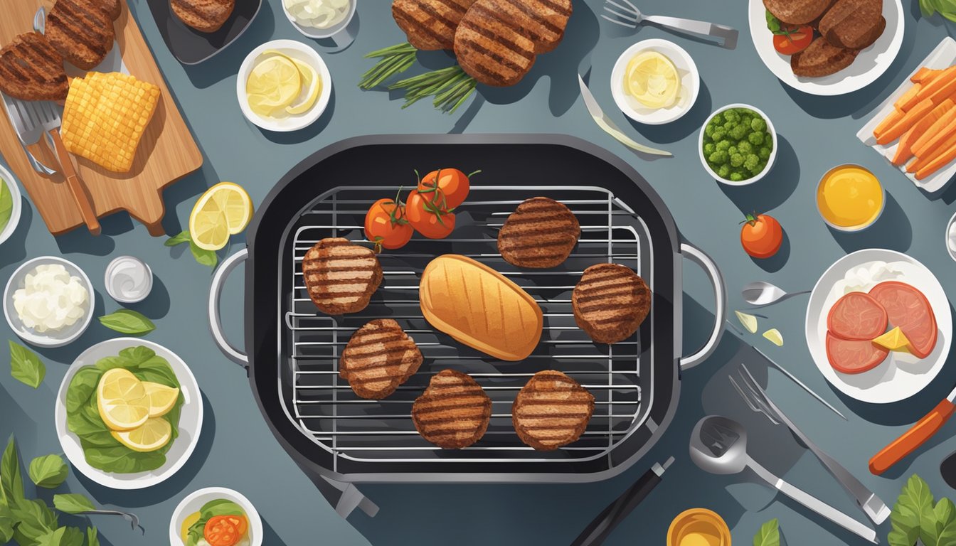 A modern indoor BBQ grill surrounded by various cooking utensils and ingredients, with a focus on the sleek design and functionality