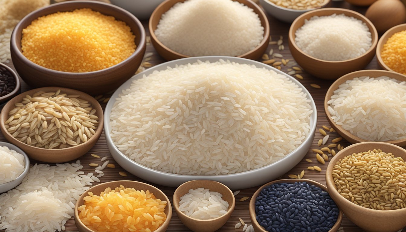 A variety of uncooked rice grains scattered on a kitchen countertop, with different types and colors of rice spread out in a natural and organic arrangement