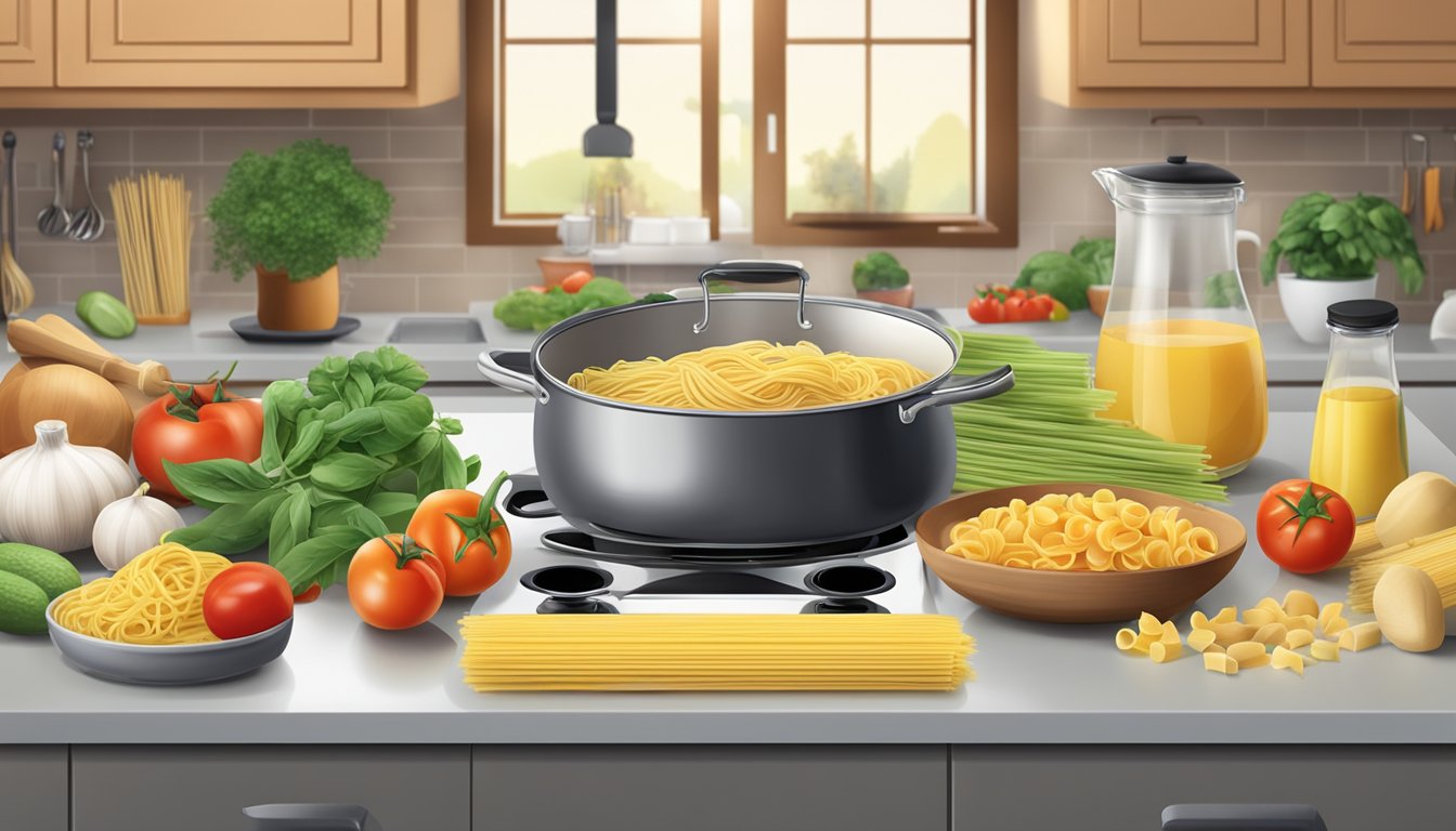 A variety of fresh ingredients and nutrition labels scattered around a kitchen counter, with a pot of boiling pasta on the stove