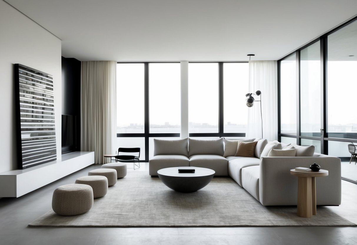 Ein elegantes, minimalistisches Wohnzimmer mit klaren Linien, neutralen Farben und einer Mischung aus natürlichen und industriellen Materialien. Große Fenster lassen viel Tageslicht herein, und ein markantes Stück moderner Kunst sorgt für visuelles Interesse.