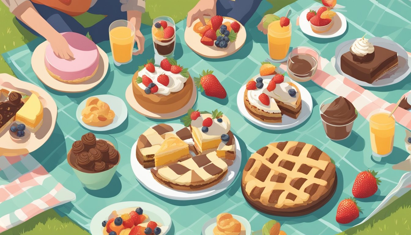 A picnic blanket spread out with an assortment of no-bake desserts, surrounded by friends enjoying the sunshine in a park