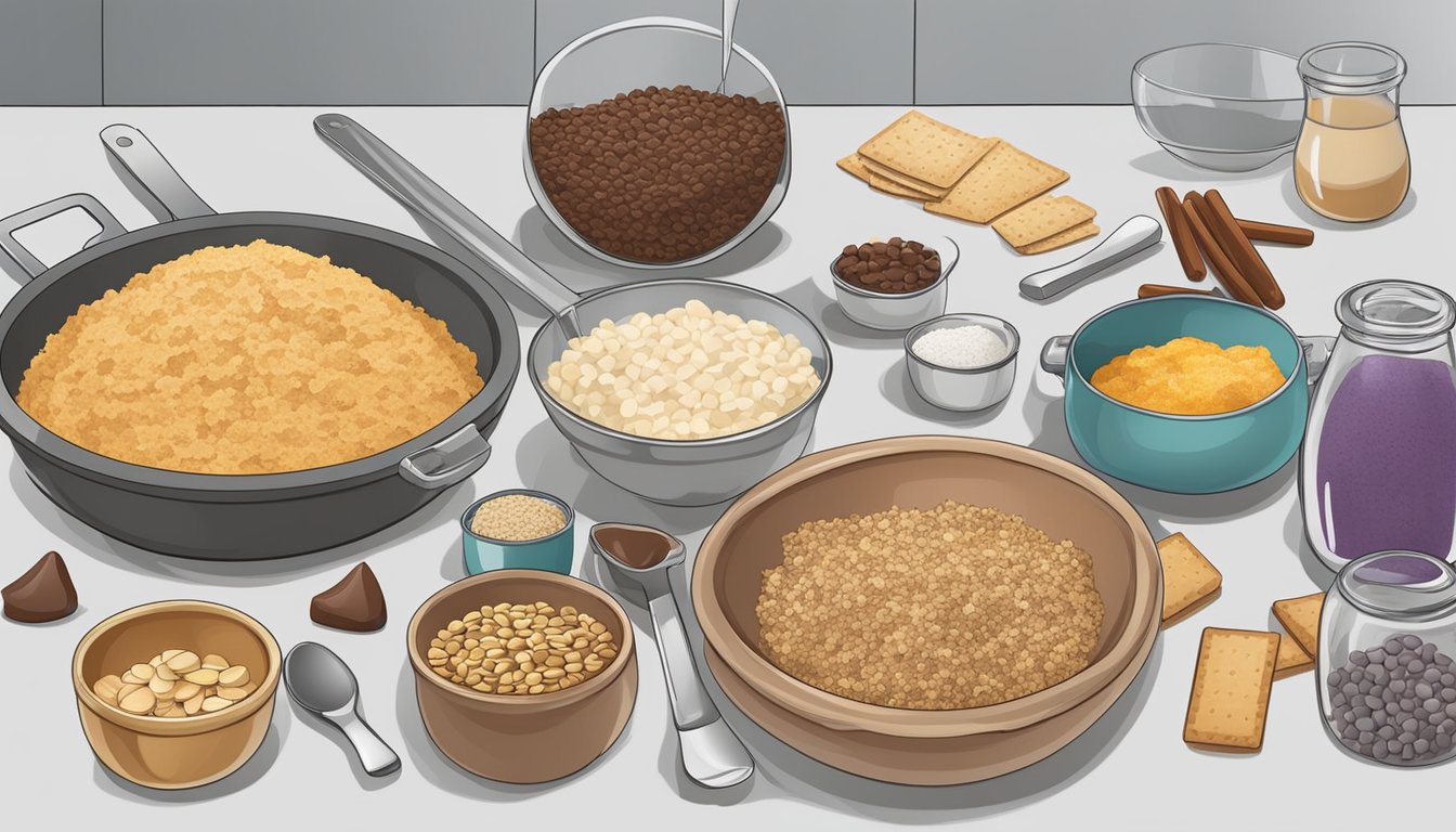 A countertop with assorted ingredients and utensils for making no-bake sweets, such as chocolate chips, nuts, graham crackers, and a mixing bowl