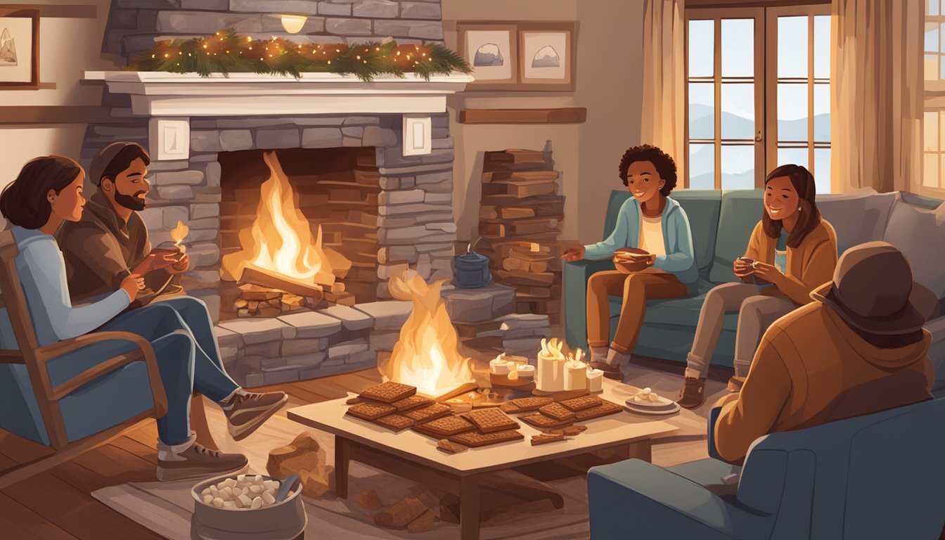 A cozy indoor scene with a crackling fire in a fireplace, a table set with graham crackers, chocolate, and marshmallows, and a group of people gathered around making s'mores