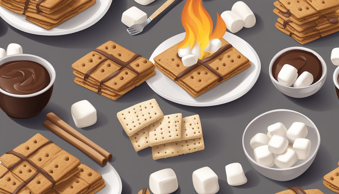 A table set with graham crackers, marshmallows, and chocolate, with a small flame burning for roasting