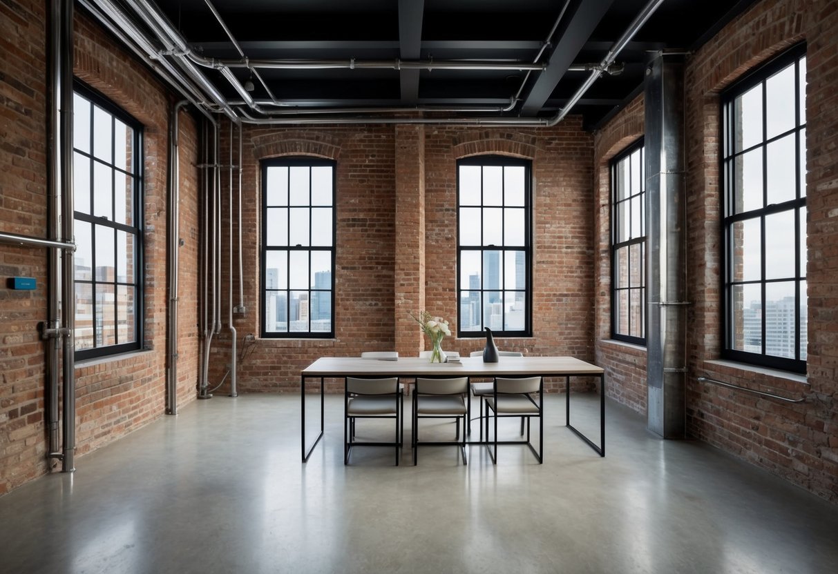 Ein modernes Industrie-Loft mit freiliegenden Ziegelwänden, Metallrohren und minimalistischer Möbel. Große Fenster lassen natürliches Licht herein, das den offenen Raum erhellt.