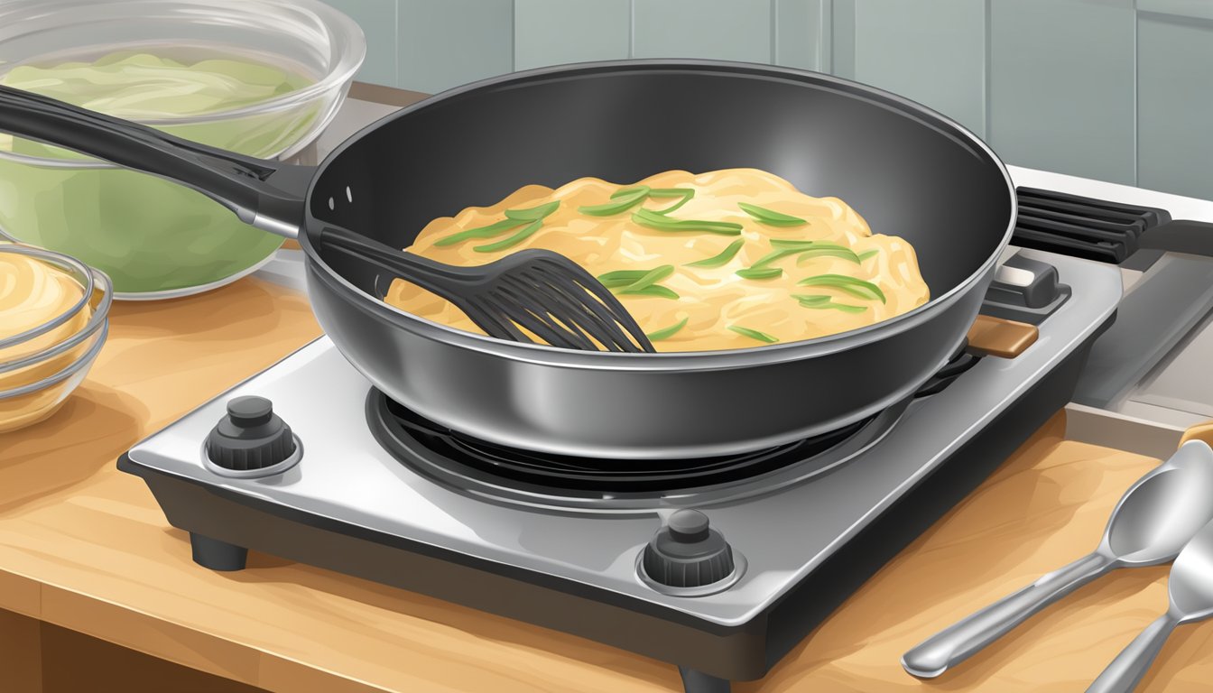 A mixing bowl filled with batter, a whisk, and a sizzling frying pan on a stovetop