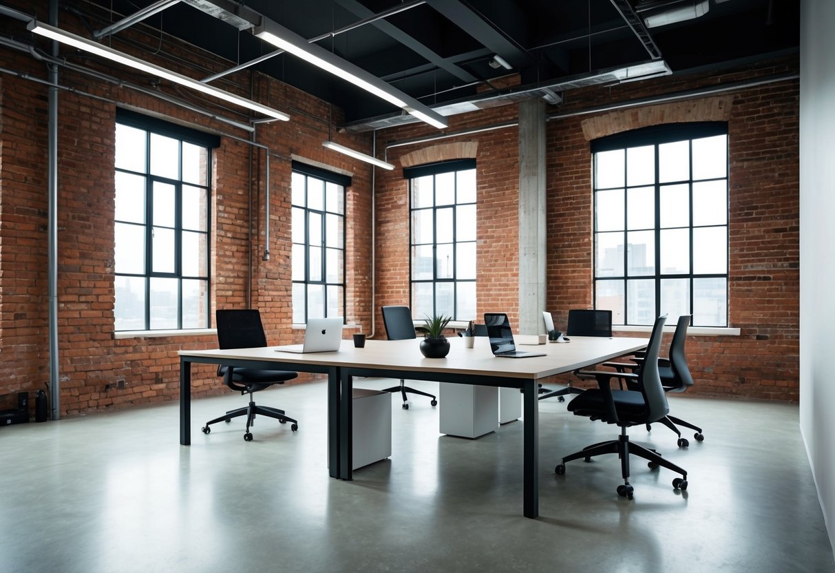 Ein moderner Industriearbeitsplatz mit freiliegenden Ziegelwänden, großen Fenstern und minimalistischer Möbeln