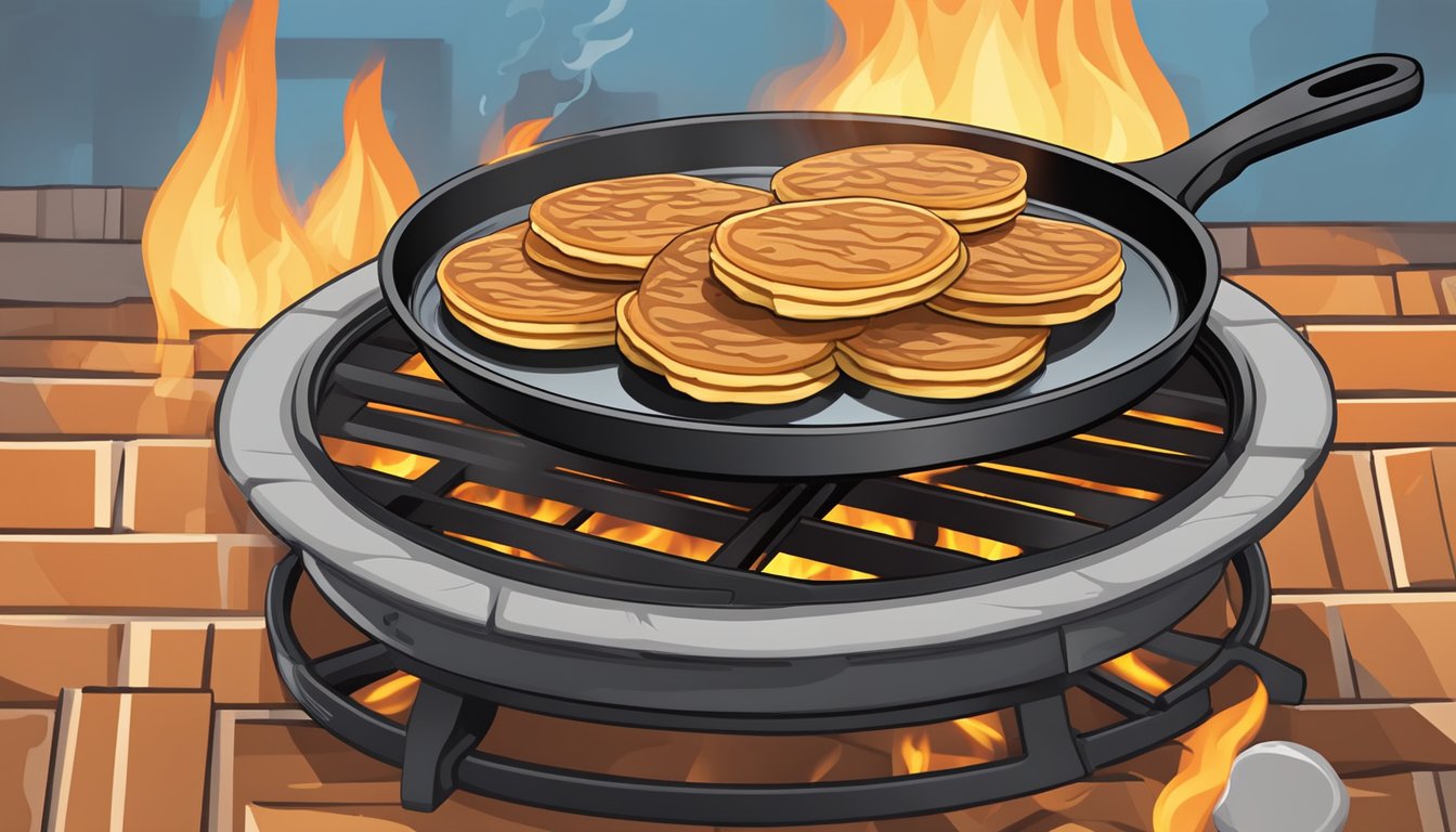 Pancakes sizzle on a cast-iron skillet over an open flame. A makeshift grill made from stacked bricks supports the skillet