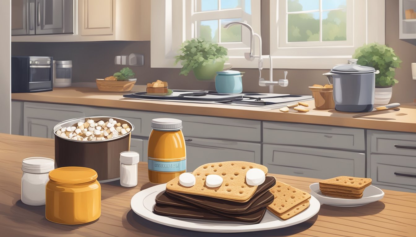 A cozy kitchen with a stack of storage containers and a plate of leftover ingredients for indoor s'mores