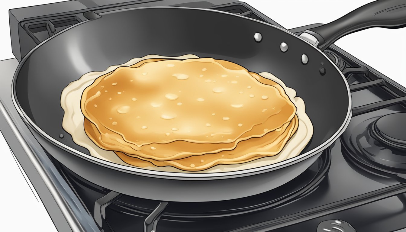 A frying pan sizzling on a stovetop, with a dollop of batter bubbling and spreading into a perfect pancake