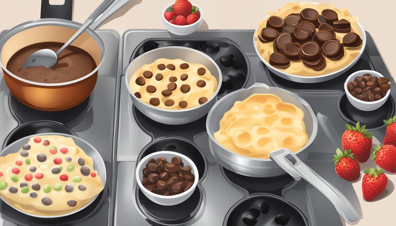 A stovetop with a large non-stick pan, a spatula, bowls of batter, and various toppings such as berries, chocolate chips, and syrup