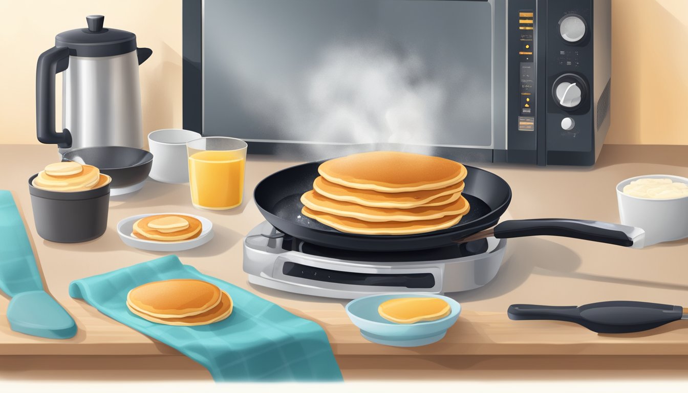 A stovetop with a frying pan containing fluffy pancakes being flipped with a spatula. Nearby, a microwave and containers for storing leftover pancakes