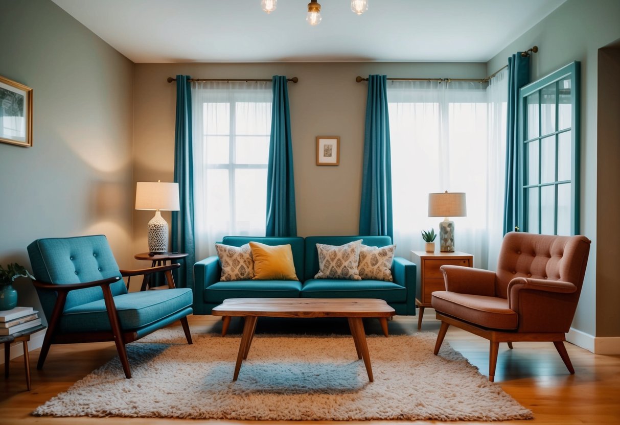 Ein gemütliches Wohnzimmer mit einer Mischung aus Vintage-Möbeln, darunter ein Sofa im Mid-Century-Modern-Stil, ein retro Sessel und ein rustikaler Holztisch.