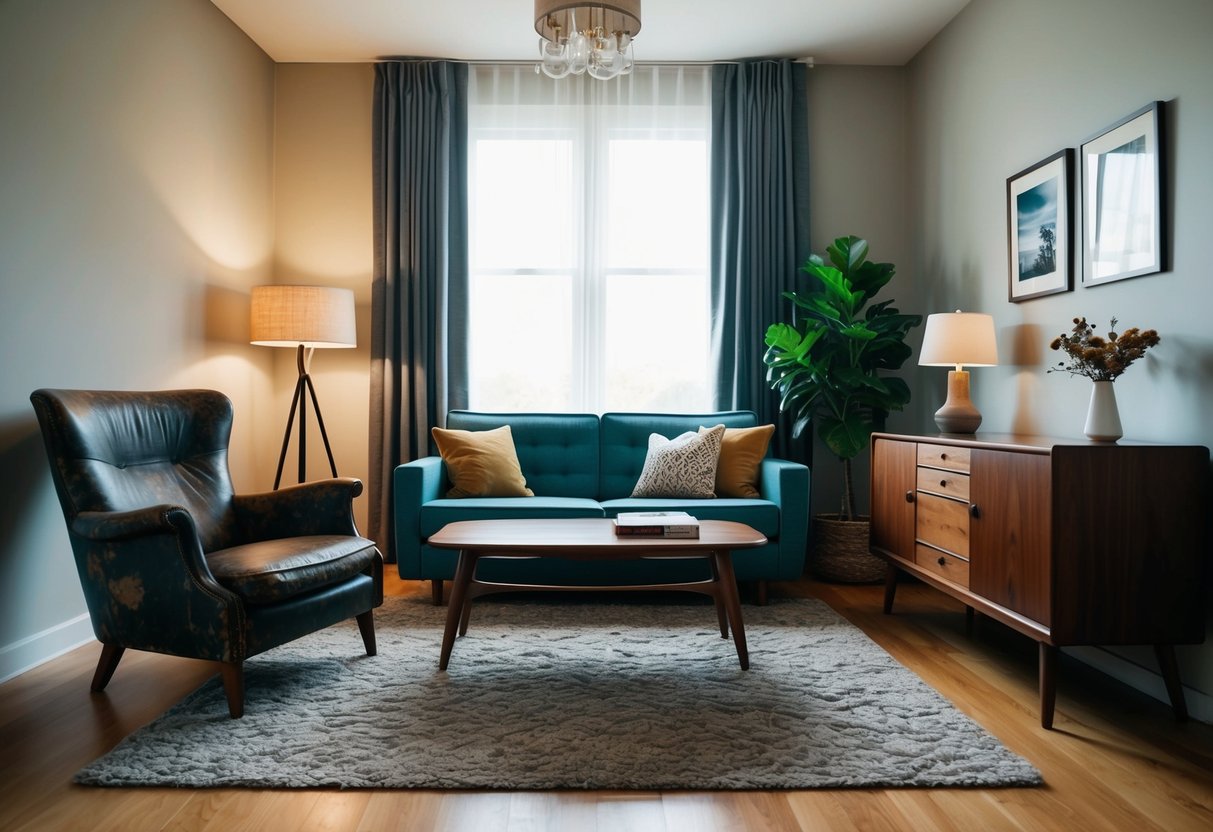 Ein gemütliches Wohnzimmer mit einer Mischung aus Vintage-Möbeln - ein abgenutzter Lederstuhl, ein retro Holzkaffee Tisch und ein Sideboard im Mid-Century-Modern-Stil