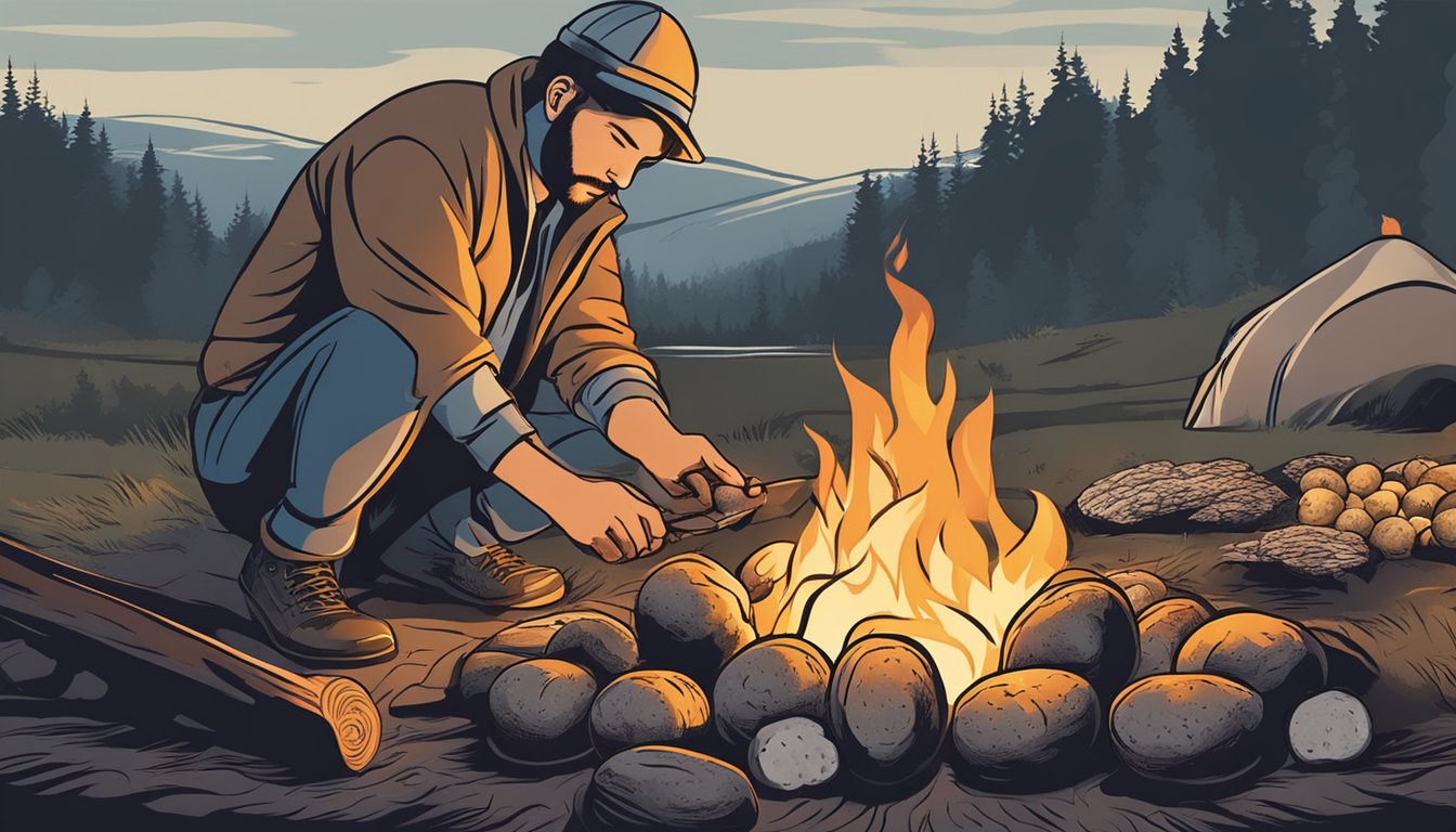 A person placing whole potatoes on a bed of hot coals in a campfire