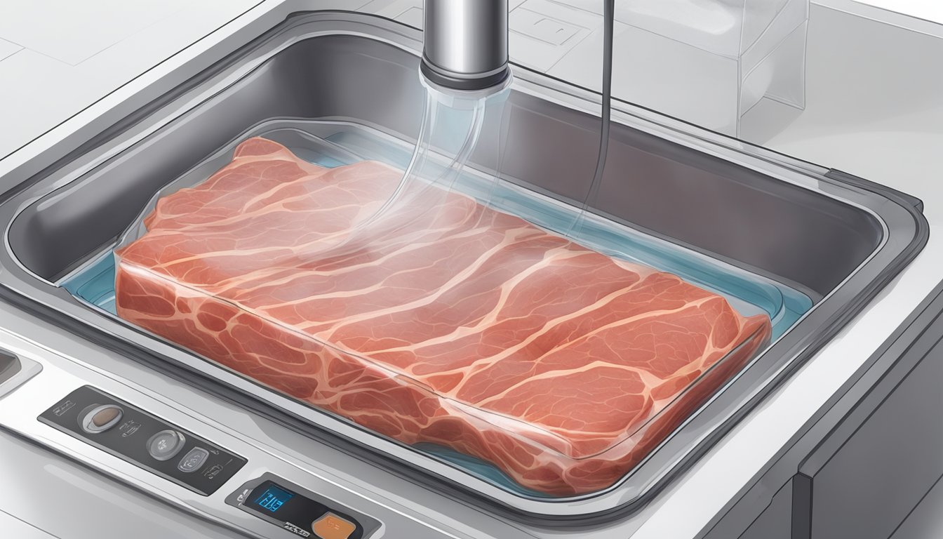 A vacuum-sealed bag of seasoned meat submerged in a water bath with a sous vide machine attached to the side