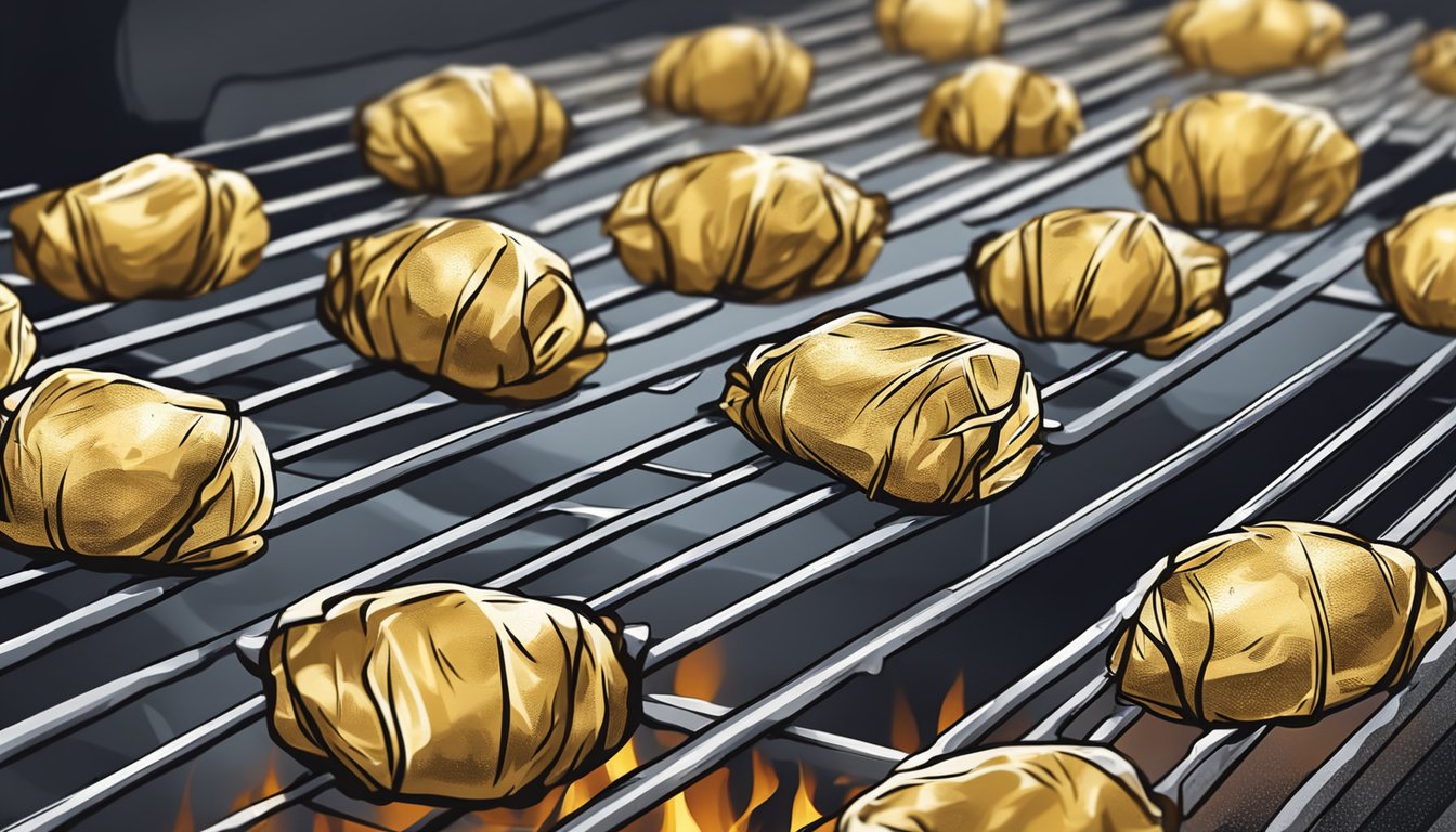 Potatoes wrapped in foil on a grill over medium heat