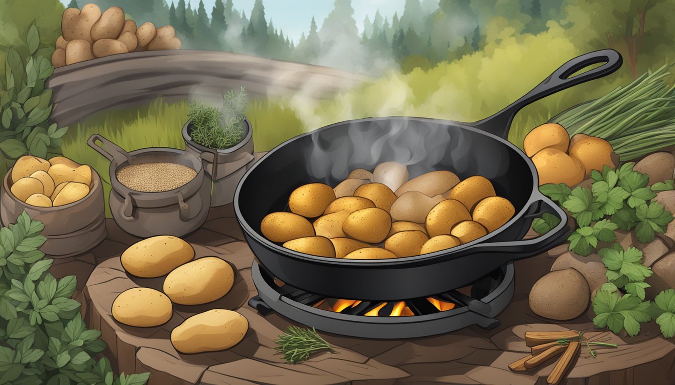 A rustic outdoor setting with a campfire and a cast iron skillet filled with sizzling potatoes, surrounded by a variety of herbs and spices