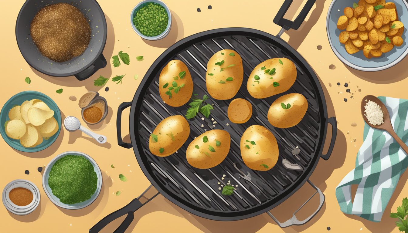 Potatoes on a grill, surrounded by various seasonings and toppings, sizzling in the heat