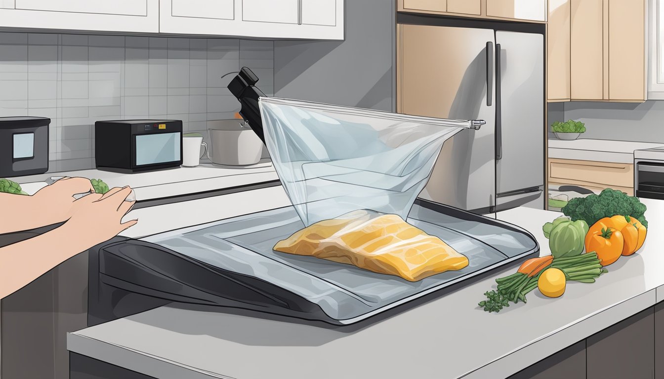 A hand reaching for vacuum-sealed bags of raw ingredients on a kitchen counter. A sous vide machine sits nearby, ready for cooking