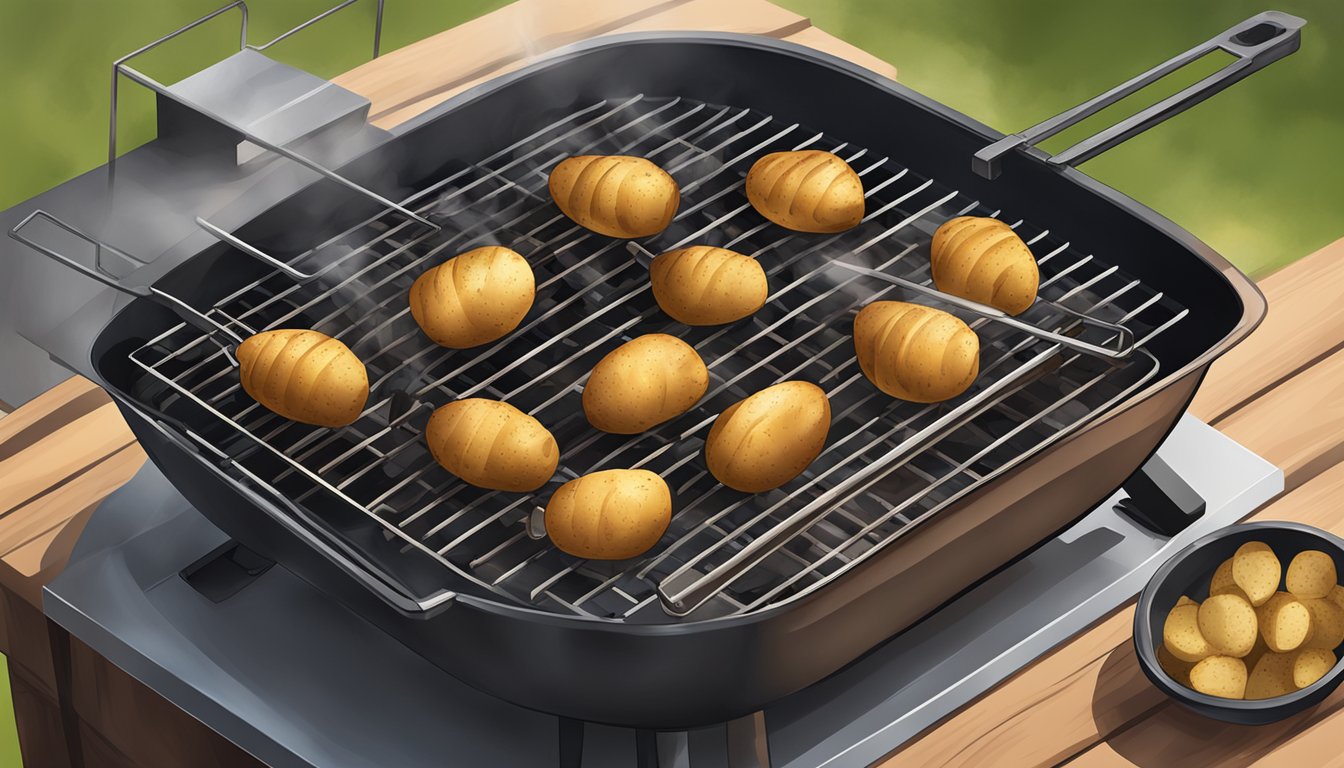 A grill with smoking hot charcoal, a metal rack holding baking potatoes, and a pair of tongs flipping the potatoes