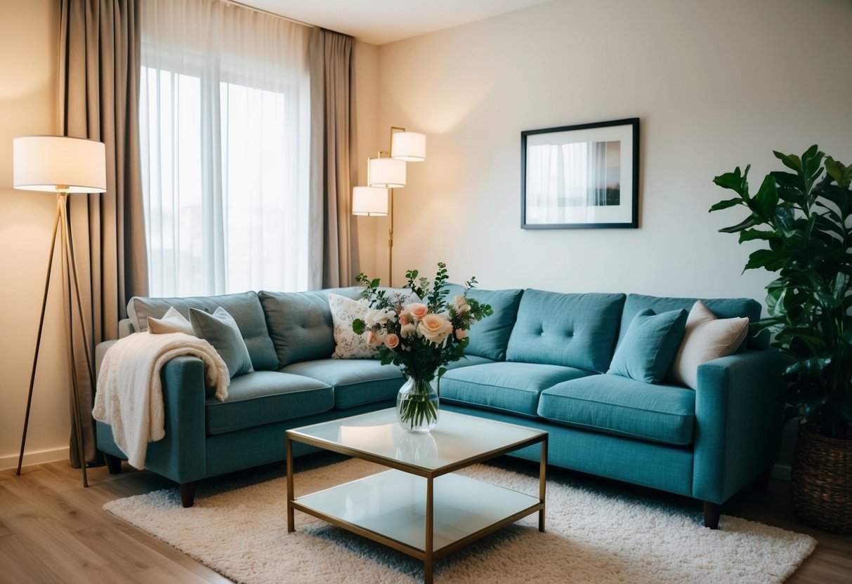 Ein gemütliches Wohnzimmer mit einem großen, bequemen Sofa, einem Couchtisch mit einer Vase voller Blumen und sanfter Beleuchtung von einer Stehlampe.