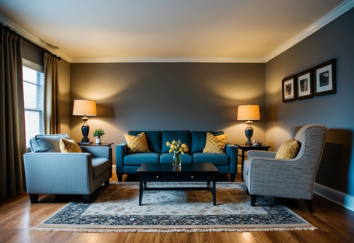 Ein Wohnzimmer mit einem Sofa, einem Couchtisch und einem Sessel, die in einer gemütlichen und einladenden Anordnung angeordnet sind. Ein Teppich verleiht dem Raum Halt, und eine Lampe sorgt für warmes Licht.