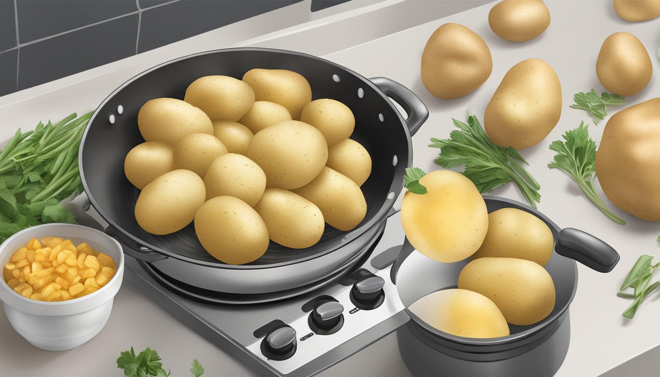 Potatoes being boiled in a pot on a stovetop. Ingredients and nutrition facts displayed nearby