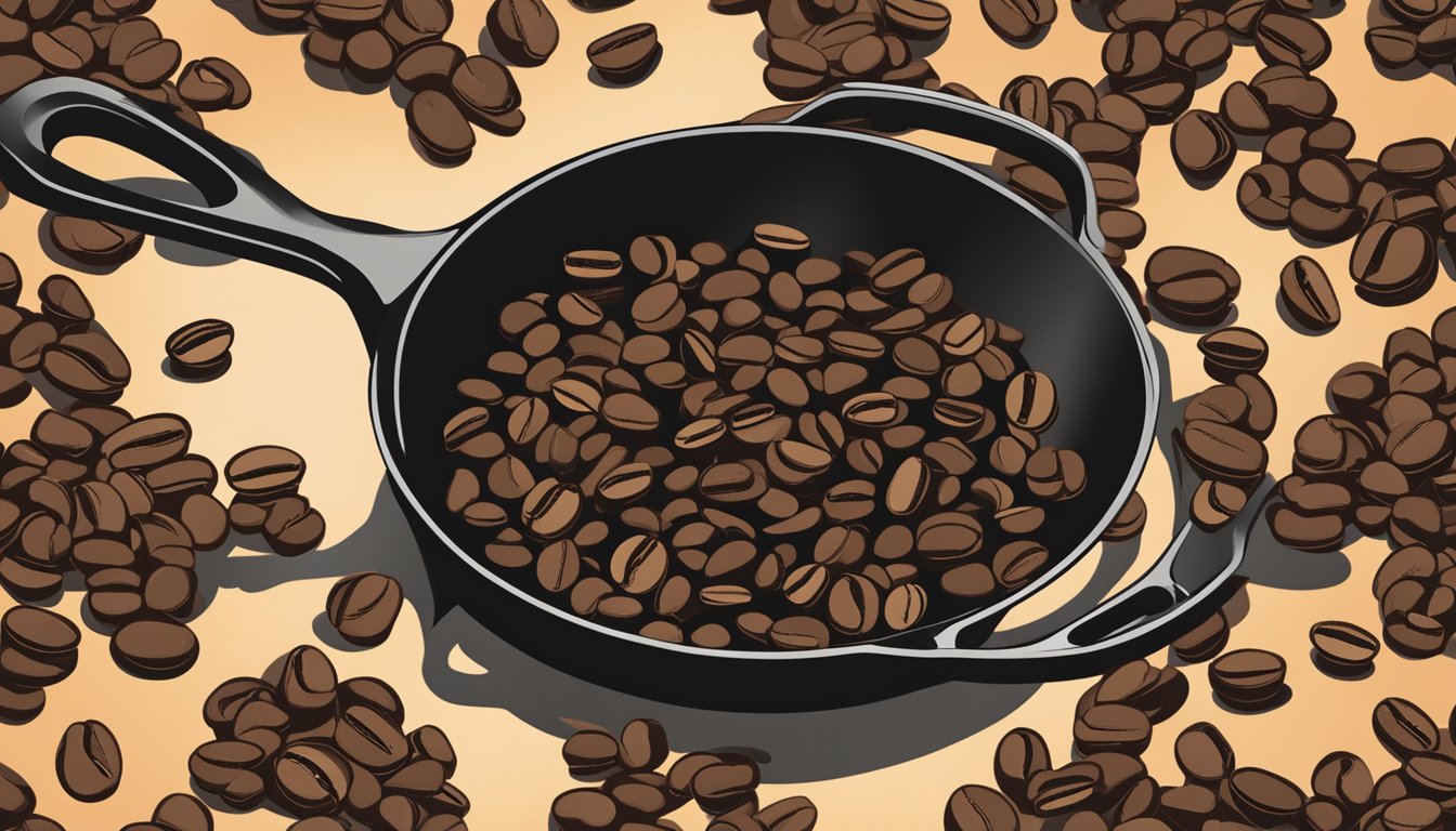 Coffee beans roasting in a cast iron skillet over an open flame