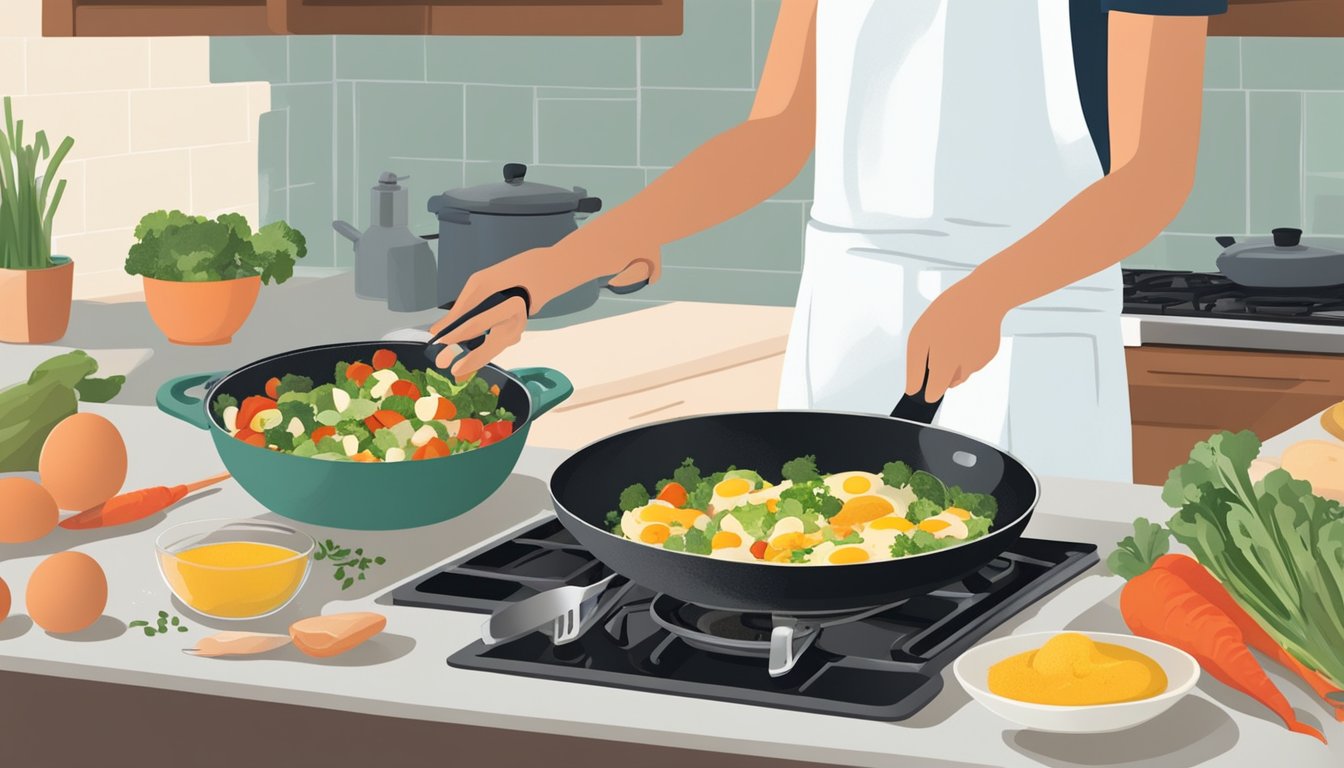 A person stands at a stovetop, sautéing vegetables in a skillet. Bowls of beaten eggs and additional ingredients sit nearby