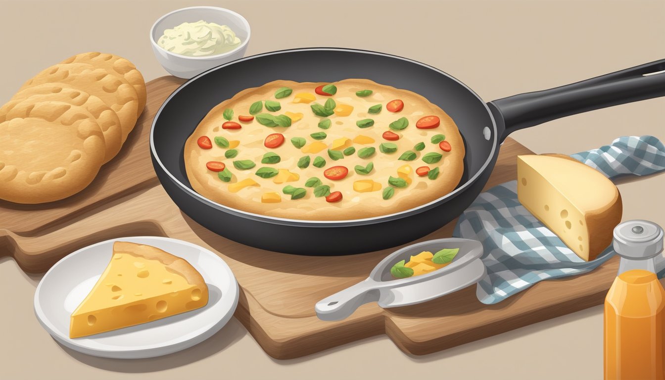 A frying pan filled with dough, sauce, cheese, and toppings, surrounded by a rolling pin, cutting board, and kitchen utensils